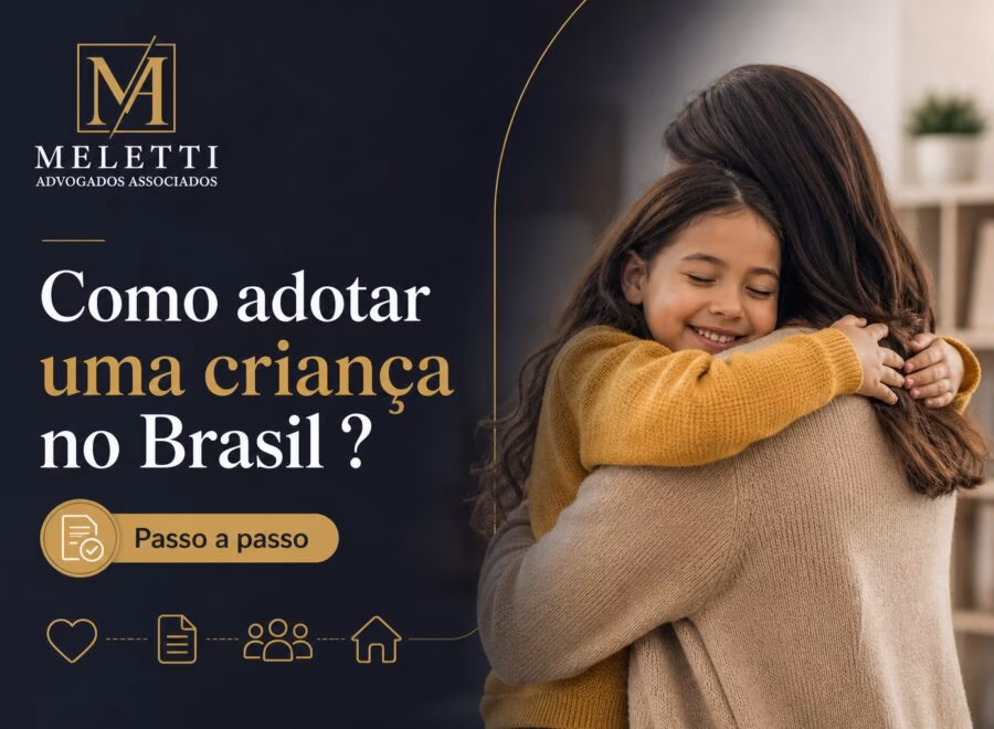 Imagem de capa com o título "Como adotar uma criança no Brasil: passo a passo" em design limpo e moderno, nas cores azul-escuro, dourado e branco.