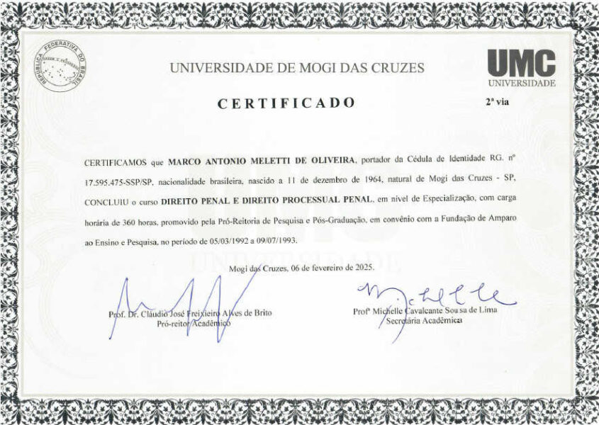 Certificado Universidade Mogi Das Cruzes Marco Antonio Meletti