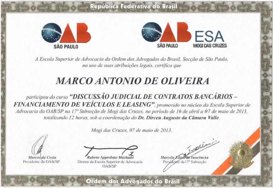 Certificado OAB "Discussão Judicial de Contratos Bancários - Financiamento de Veículos e Leasing"