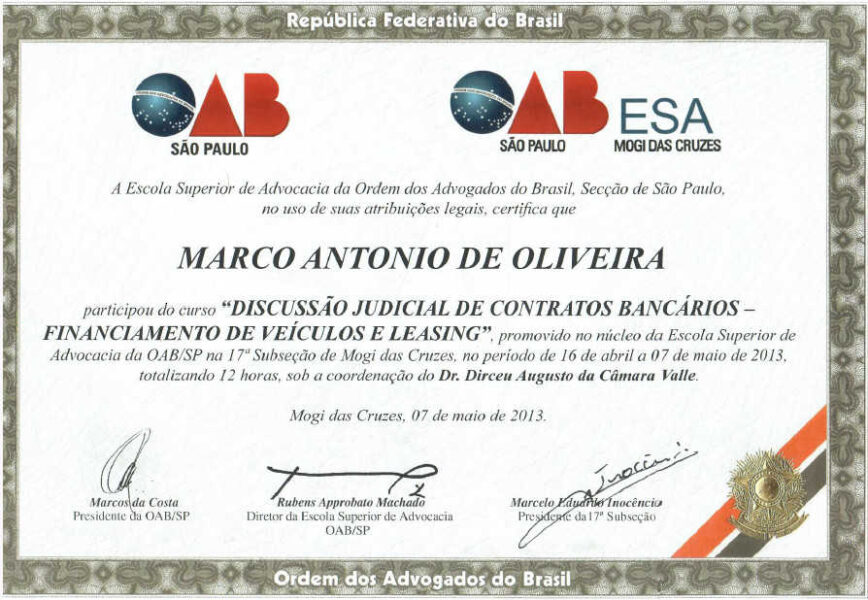 Certificado OAB "Discussão Judicial de Contratos Bancários - Financiamento de Veículos e Leasing"