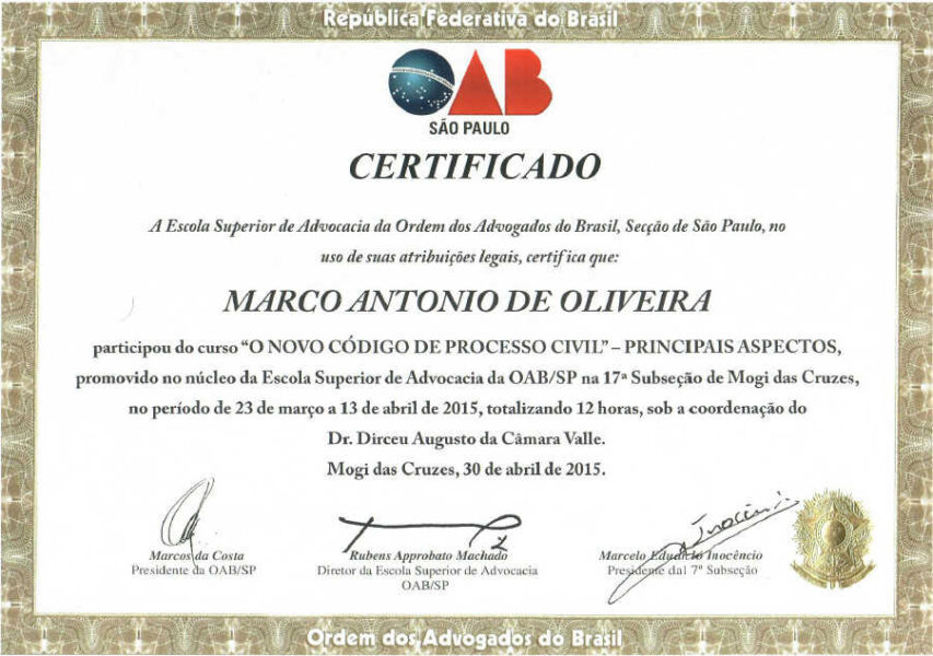 Certificado OAB Curso "O Novo Código De Processo Civil"