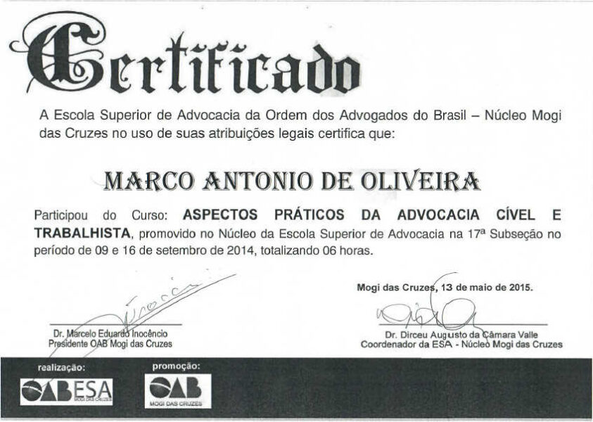 Certificado OAB Curso "Aspectos Práticos Da Advocacia Cível e Trabalhista"